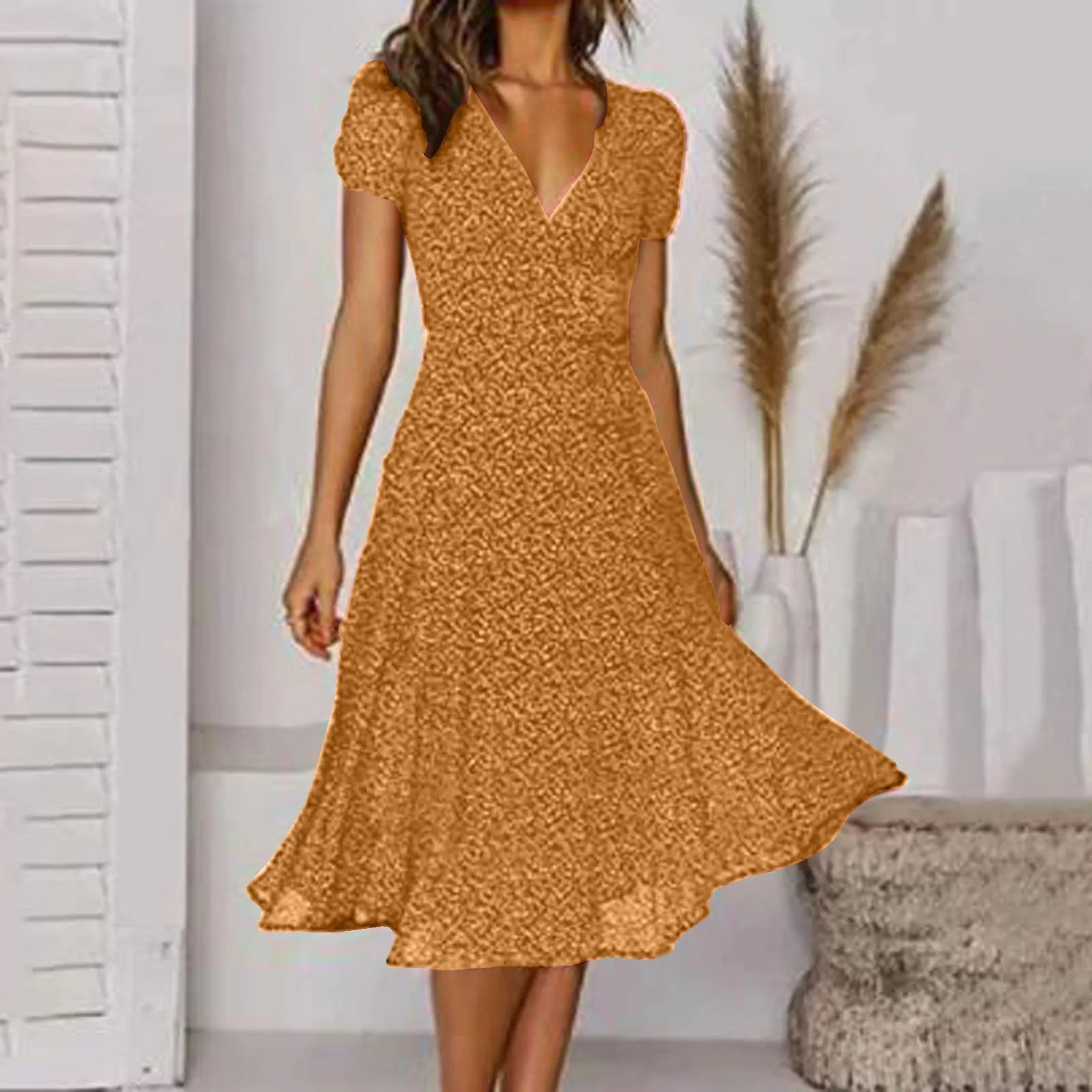 Bohemian Summer Short Sleeve V Neck Tie Waist A-Line Vacation For Fashion Holiday Sun Midi Dress