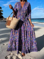 Vintage Spring Pattern Print Deep V-Neck Maxi Boho Dress