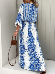 Vintage Spring Pattern Print Deep V-Neck Maxi Boho Dress