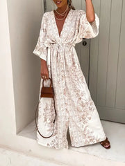 Vintage Spring Pattern Print Deep V-Neck Maxi Boho Dress