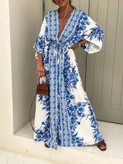 Vintage Spring Pattern Print Deep V-Neck Maxi Boho Dress