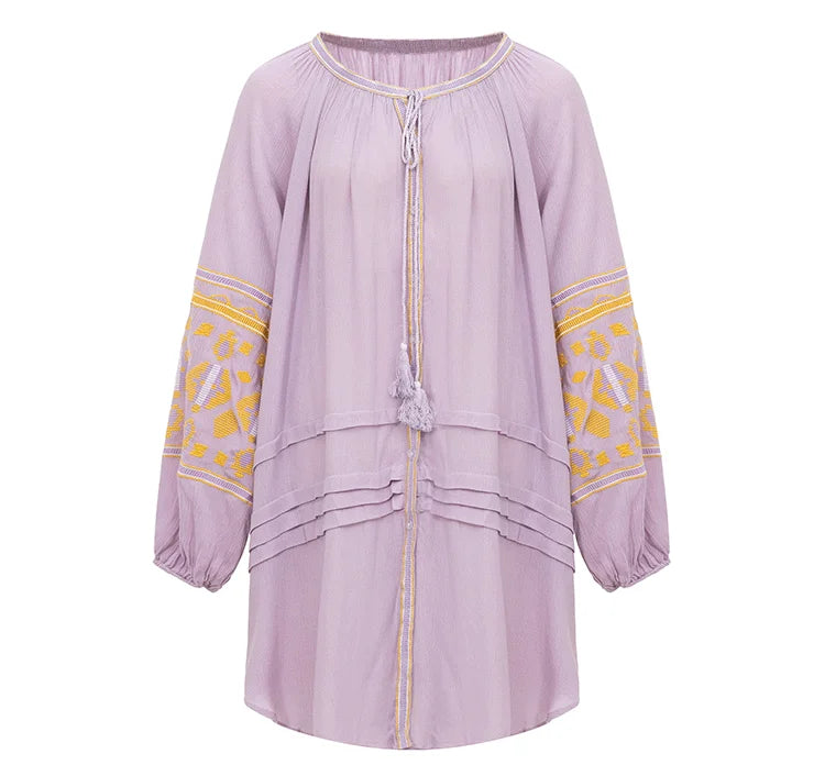 Cotton Floral Embroidery O-neck Boho Dress