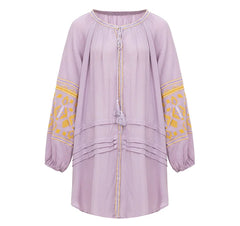 Cotton Floral Embroidery O-neck Boho Dress