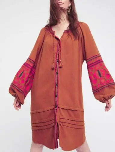 Cotton Floral Embroidery O-neck Boho Dress