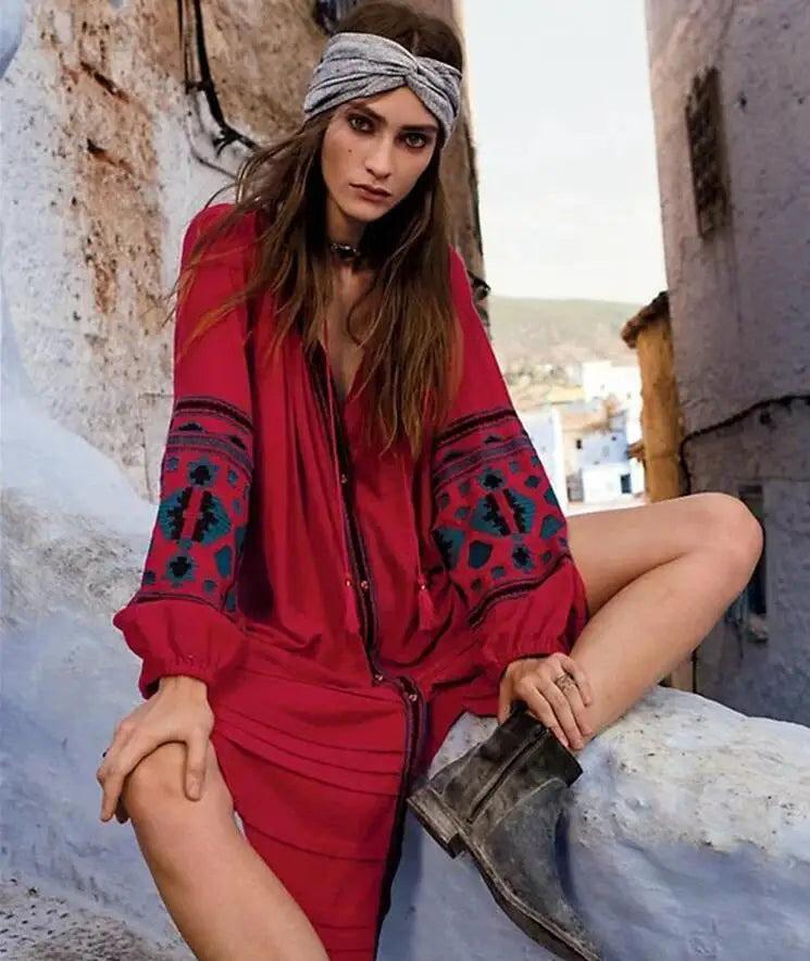 Cotton Floral Embroidery O-neck Boho Dress