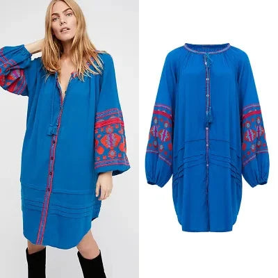 Cotton Floral Embroidery O-neck Boho Dress