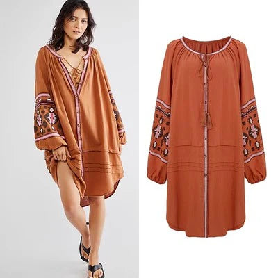Cotton Floral Embroidery O-neck Boho Dress