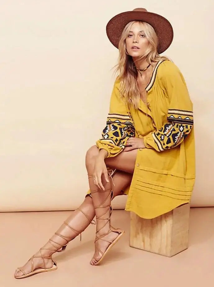 Cotton Floral Embroidery O-neck Boho Dress