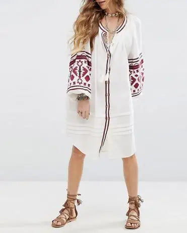 Cotton Floral Embroidery O-neck Boho Dress