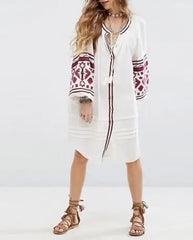 Cotton Floral Embroidery O-neck Boho Dress