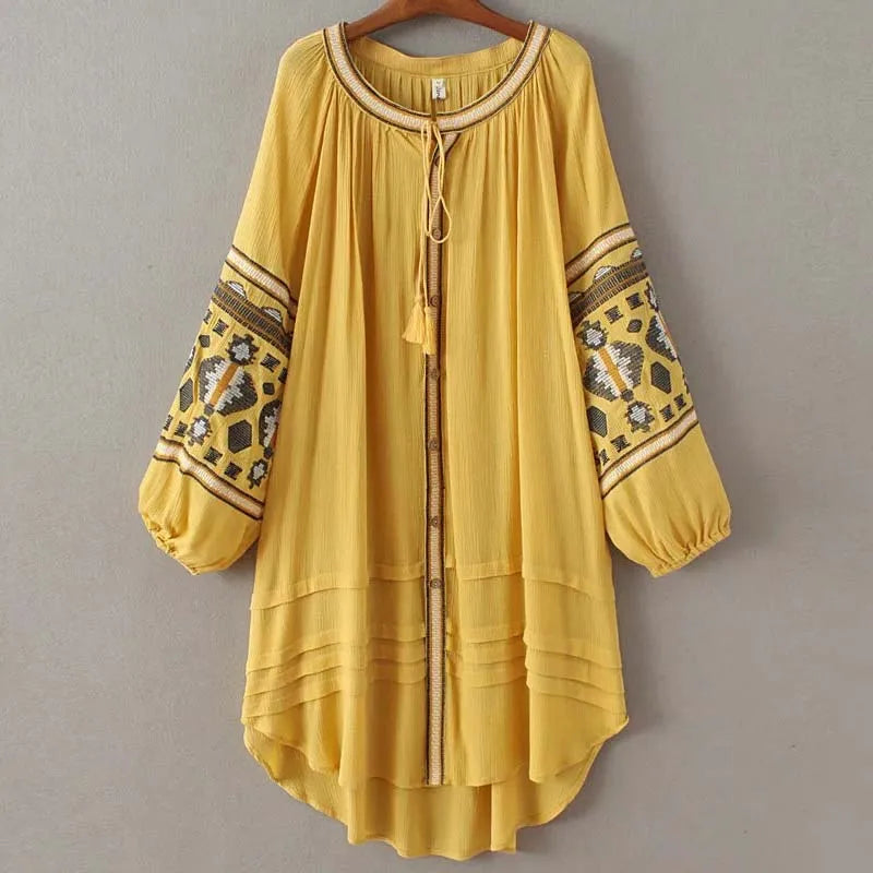 Cotton Floral Embroidery O-neck Boho Dress