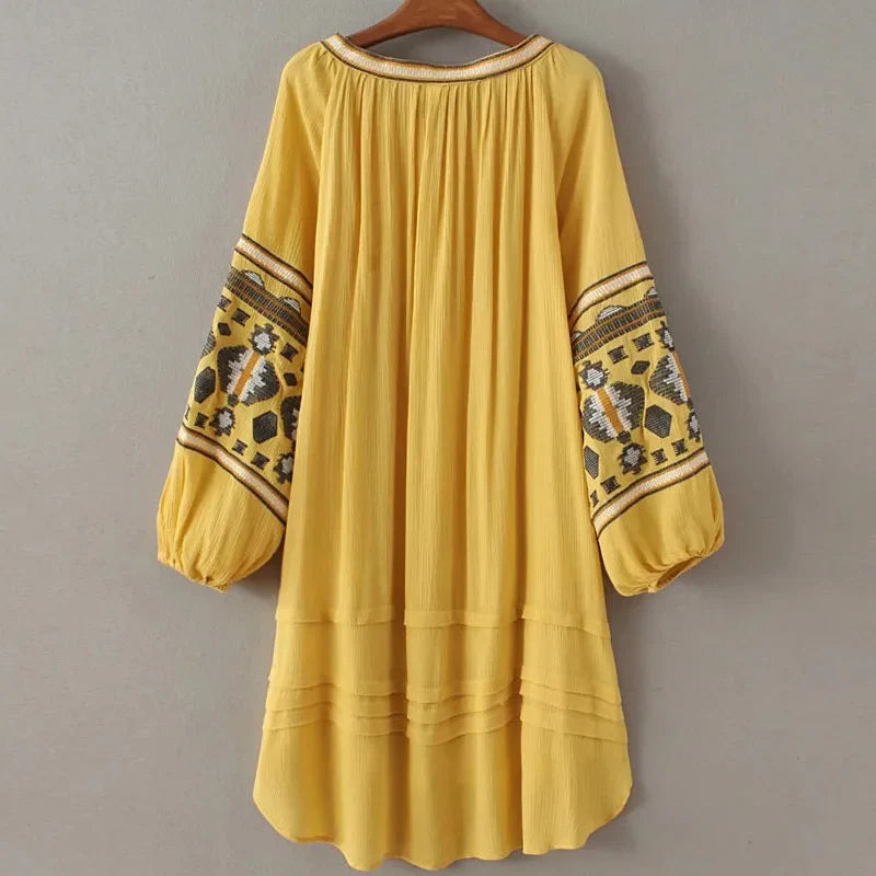 Cotton Floral Embroidery O-neck Boho Dress