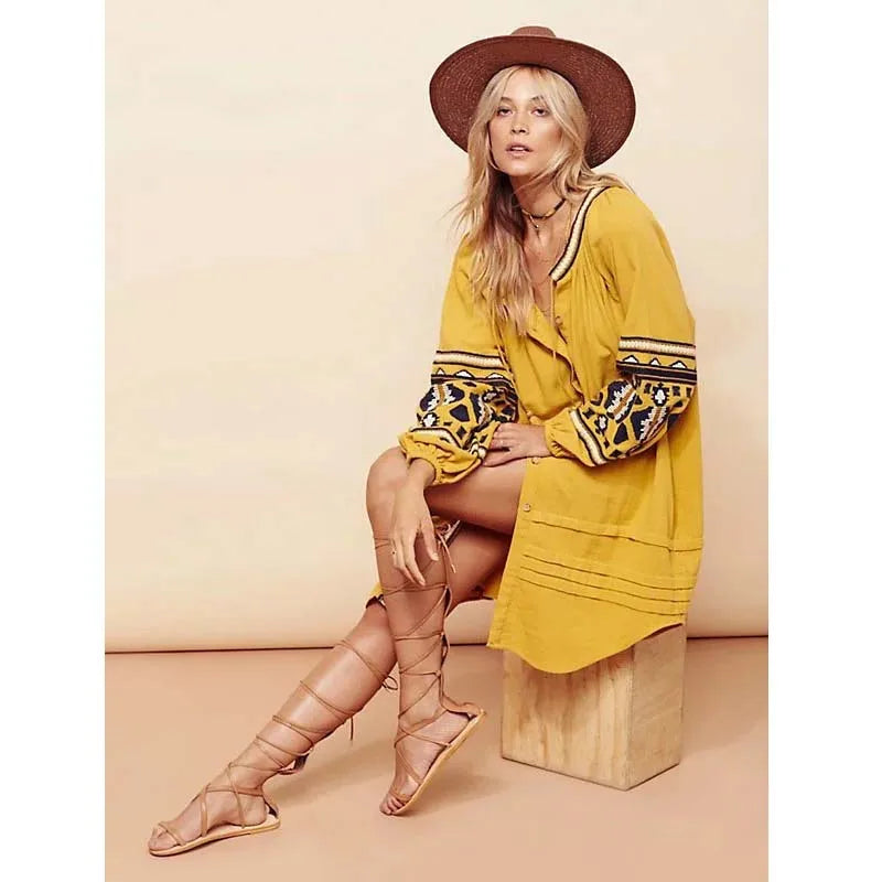 Cotton Floral Embroidery O-neck Boho Dress