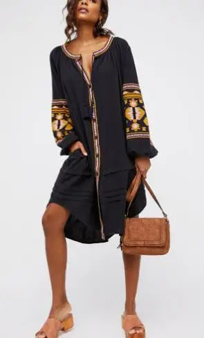 Cotton Floral Embroidery O-neck Boho Dress