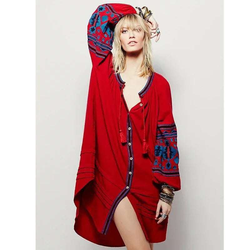 Cotton Floral Embroidery O-neck Boho Dress