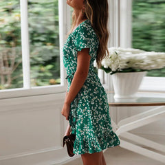 Boho Floral Print Summer Sexy V Neck Short Sleeve A Line Chiffon Beach Vacation Mini Dress