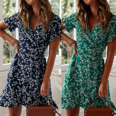 Boho Floral Print Summer Sexy V Neck Short Sleeve A Line Chiffon Beach Vacation Mini Dress
