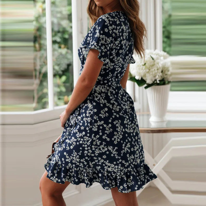Boho Floral Print Summer Sexy V Neck Short Sleeve A Line Chiffon Beach Vacation Mini Dress
