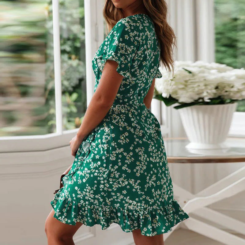 Boho Floral Print Summer Sexy V Neck Short Sleeve A Line Chiffon Beach Vacation Mini Dress