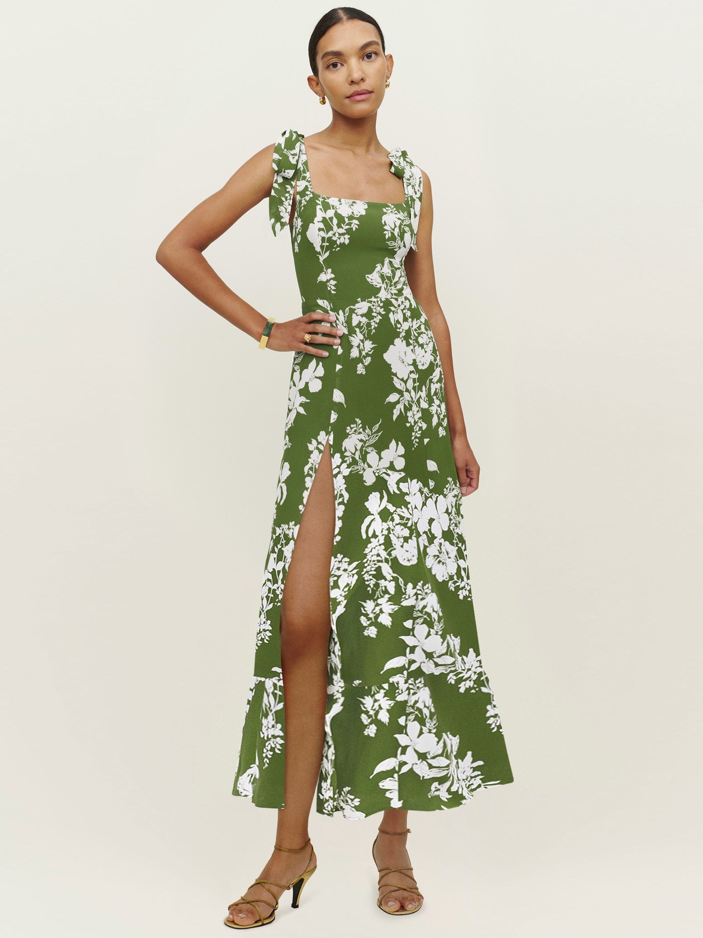 Green Basic Vintage Beach Tank Elegant Retro Floral Long Vestidos Belt Yellow