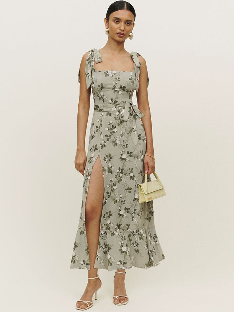 Green Basic Vintage Beach Tank Elegant Retro Floral Long Vestidos Belt Yellow