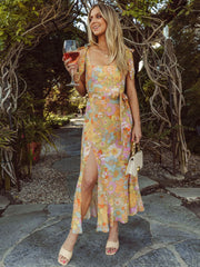 Green Basic Vintage Beach Tank Elegant Retro Floral Long Vestidos Belt Yellow