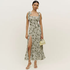 Green Basic Vintage Beach Tank Elegant Retro Floral Long Vestidos Belt Yellow