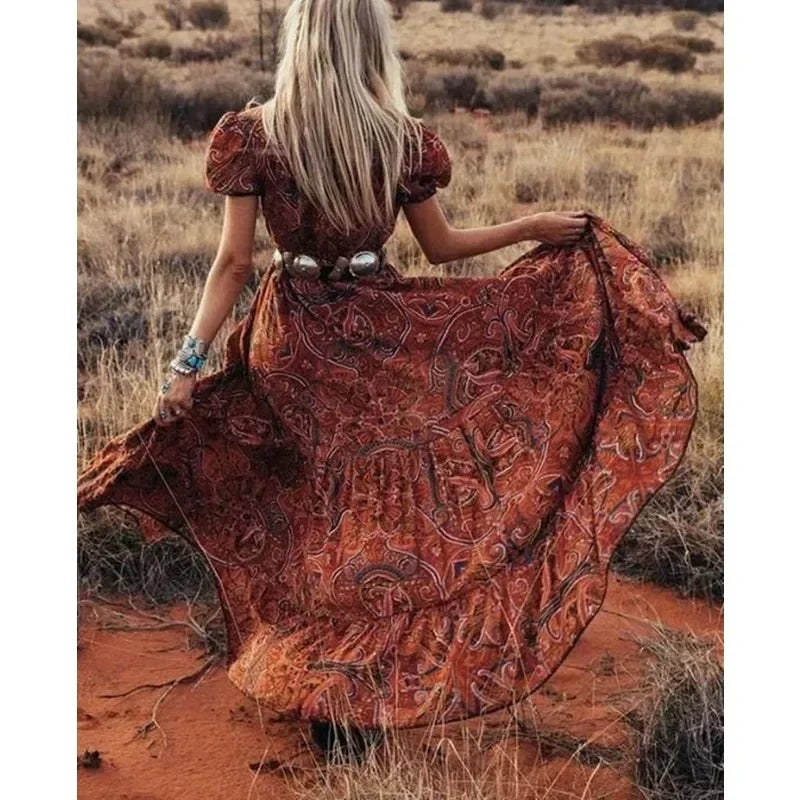 Vintage Floral Print Chiffon Gypsy Hippie Boho Dress