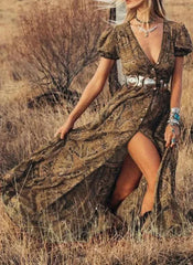 Vintage Floral Print Chiffon Gypsy Hippie Boho Dress