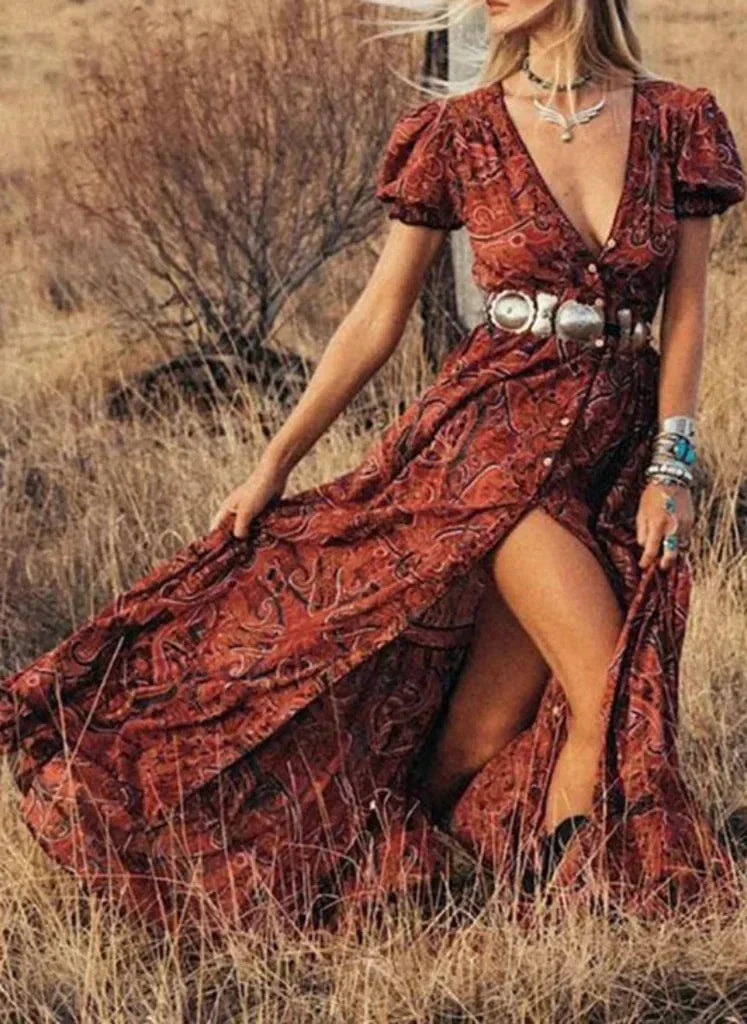 Vintage Floral Print Chiffon Gypsy Hippie Boho Dress