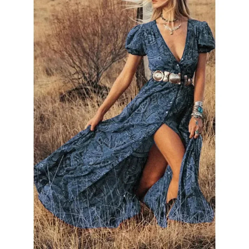 Vintage Floral Print Chiffon Gypsy Hippie Boho Dress