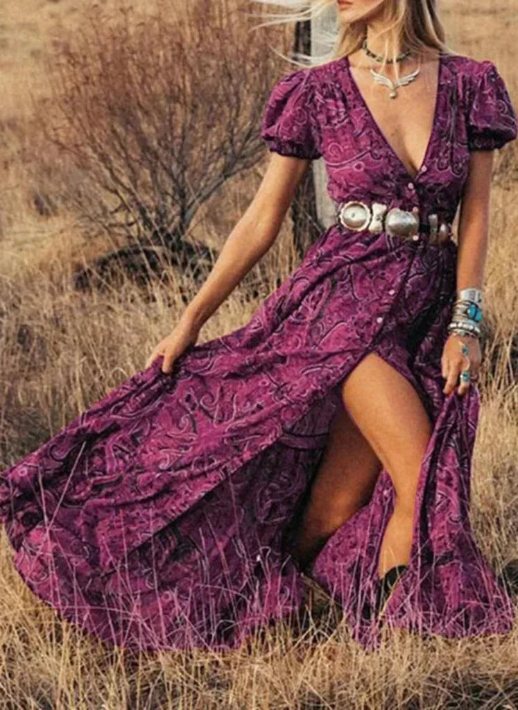 Vintage Floral Print Chiffon Gypsy Hippie Boho Dress