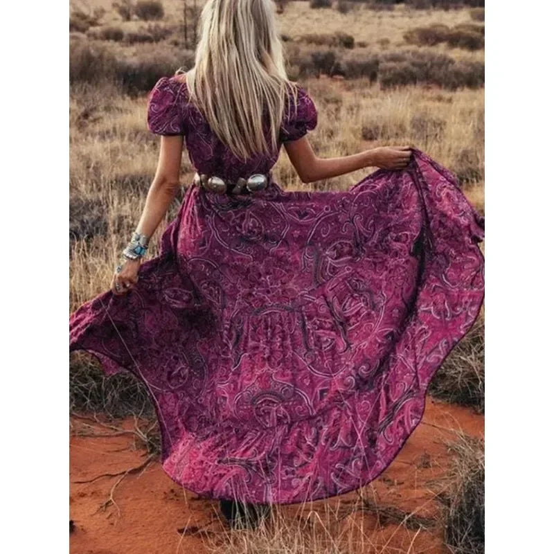 Vintage Floral Print Chiffon Gypsy Hippie Boho Dress