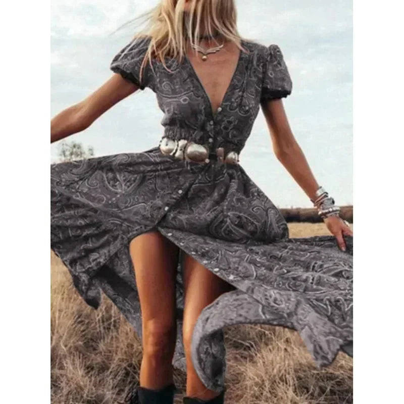 Vintage Floral Print Chiffon Gypsy Hippie Boho Dress