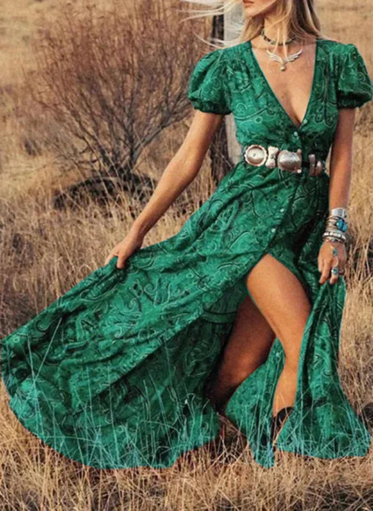 Vintage Floral Print Chiffon Gypsy Hippie Boho Dress