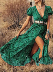 Vintage Floral Print Chiffon Gypsy Hippie Boho Dress