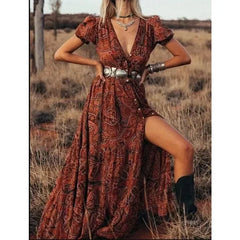 Vintage Floral Print Chiffon Gypsy Hippie Boho Dress
