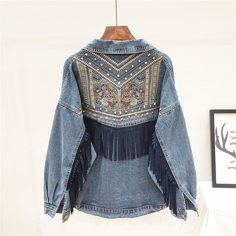 Floral Embroidery Suede Fringe Demin Jacket