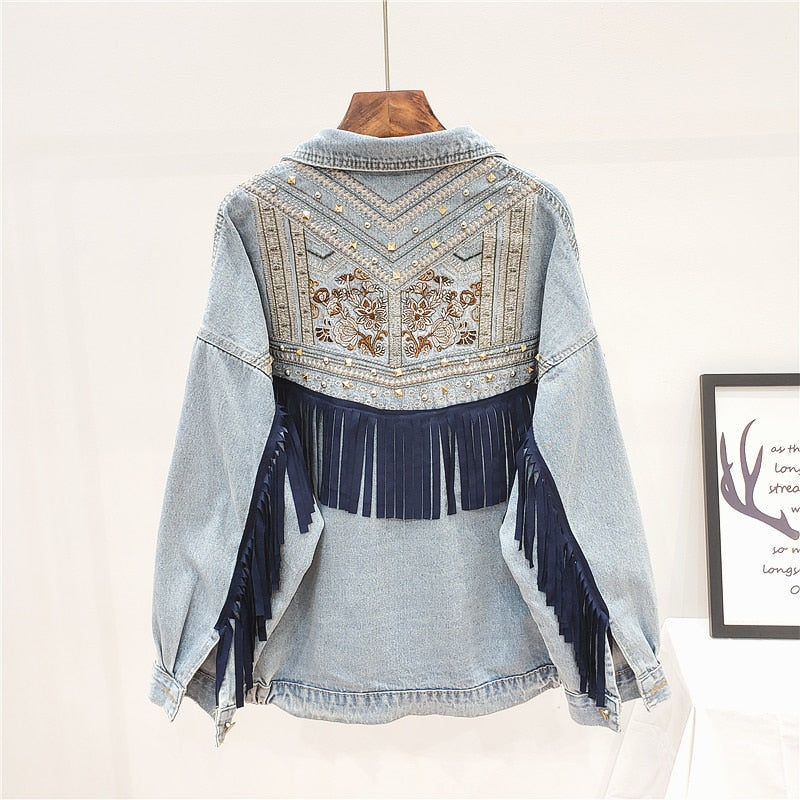 Floral Embroidery Suede Fringe Demin Jacket
