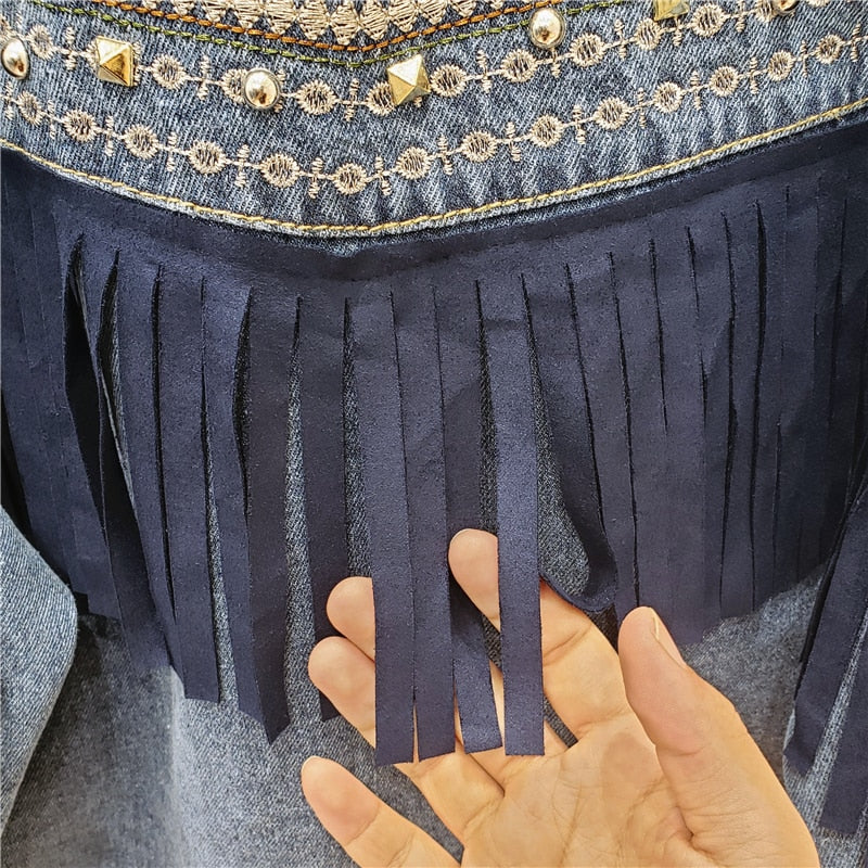 Floral Embroidery Suede Fringe Demin Jacket