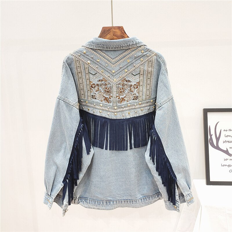 Floral Embroidery Suede Fringe Demin Jacket