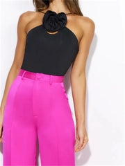 Flower Patchwork Halter Lace-up Off Shoulder Black Clubwear Cami Top