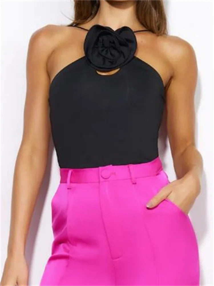 Flower Patchwork Halter Lace-up Off Shoulder Black Clubwear Cami Top