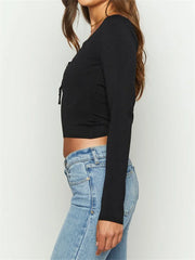 Long Sleeve Casual for Front Hollow Out Tie-up Solid Slim Fit Basic Streetwear Tee