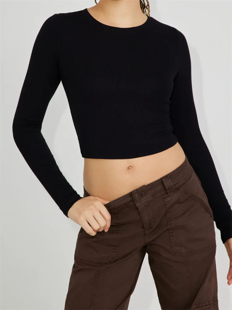 Casual Basic Exposed Navel Top for Long Sleeve O-neck Slim Fit Solid Color Streetwear Tee