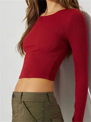 Casual Basic Exposed Navel Top for Long Sleeve O-neck Slim Fit Solid Color Streetwear Tee