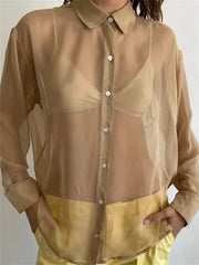 Mesh See Through Lapel Button-Down Tops Spring Autumn Solid Casual Blouse