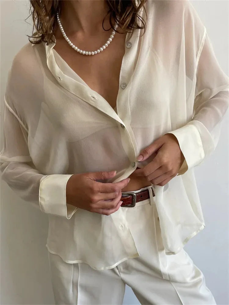 Mesh See Through Lapel Button-Down Tops Spring Autumn Solid Casual Blouse