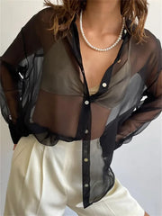 Mesh See Through Lapel Button-Down Tops Spring Autumn Solid Casual Blouse