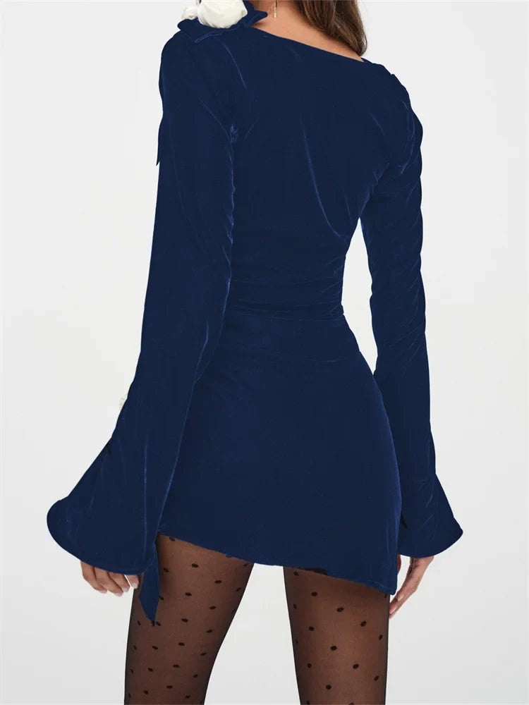 Elegant V-Neck Ruched 3D Flower Mini Dress